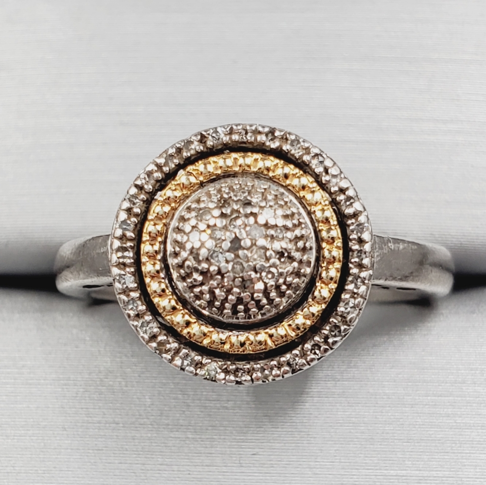 14k 925 Two Tone Sterling Silver & Yellow Gold Genuine Diamond Circle Dome Ring - Picture 1 of 6